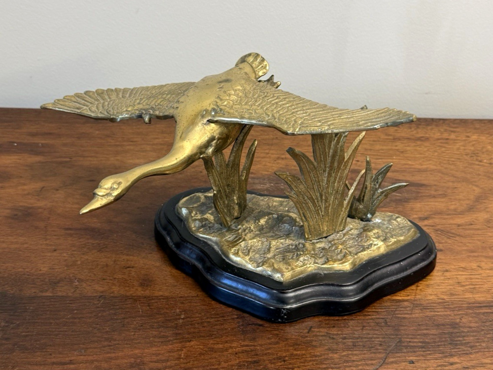 Vintage Heavy Cast Brass Flying Goose Marsh Reeds Sculpture Wood Base 11.125"